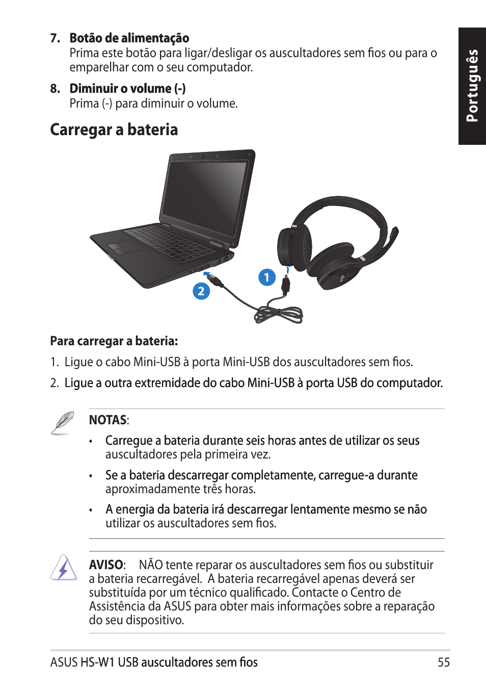 Carregar a bateria, Po rt ug uê s | Asus HS-W1 User Manual | Page 55 / 81