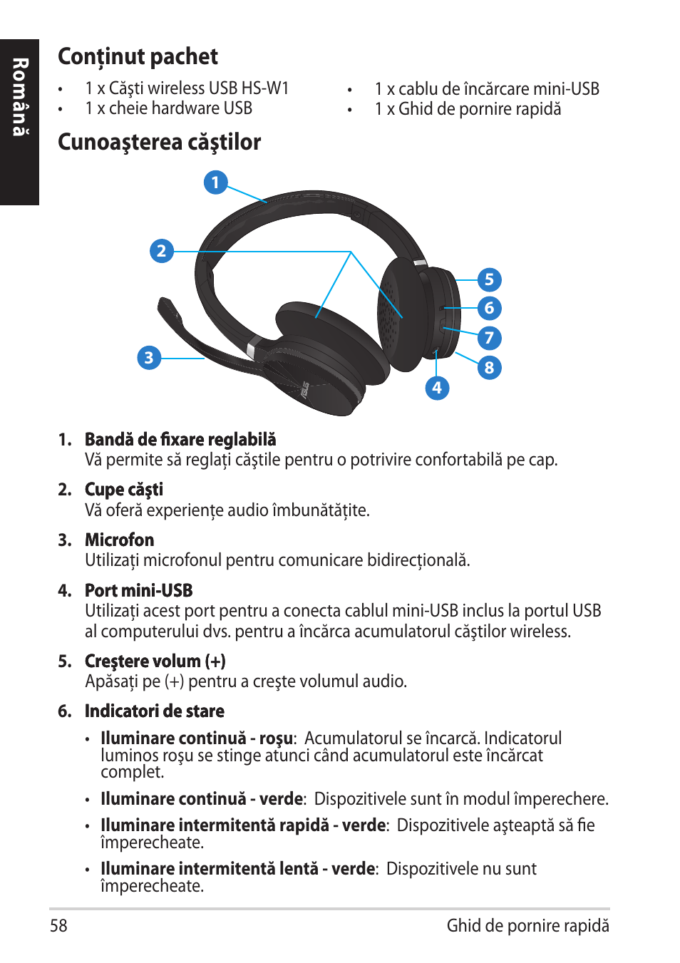Română, Conţinut pachet, Cunoaşterea căştilor | Ro m ân ă | Asus HS-W1 User Manual | Page 58 / 81