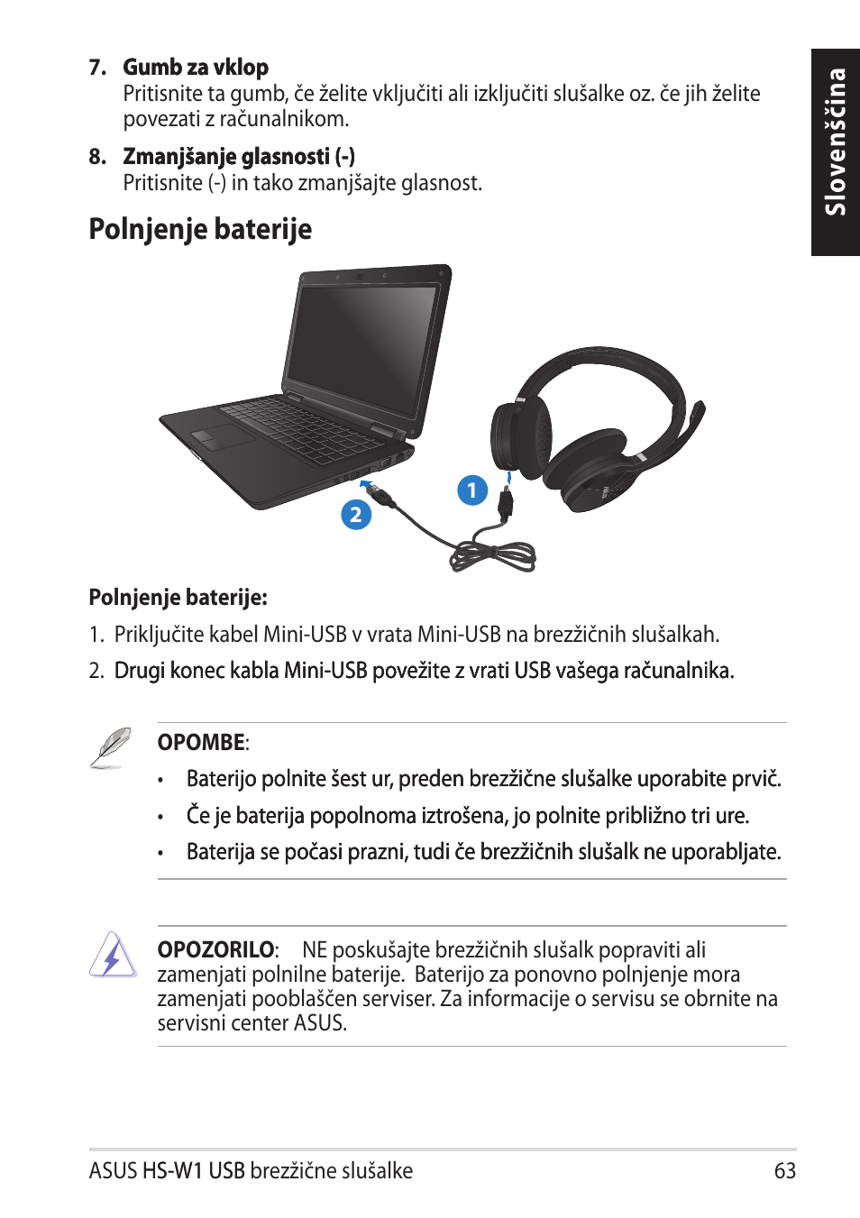 Polnjenje baterije, Sl o� en šč in a | Asus HS-W1 User Manual | Page 63 / 81