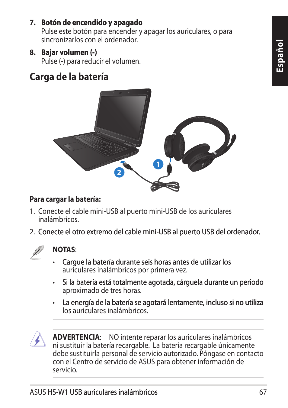 Carga de la batería, Es pa ño l | Asus HS-W1 User Manual | Page 67 / 81