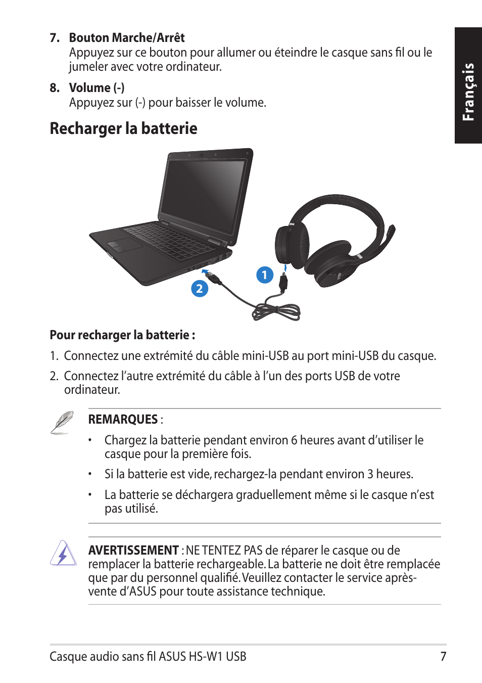 Recharger la batterie, Fr an ça is | Asus HS-W1 User Manual | Page 7 / 81