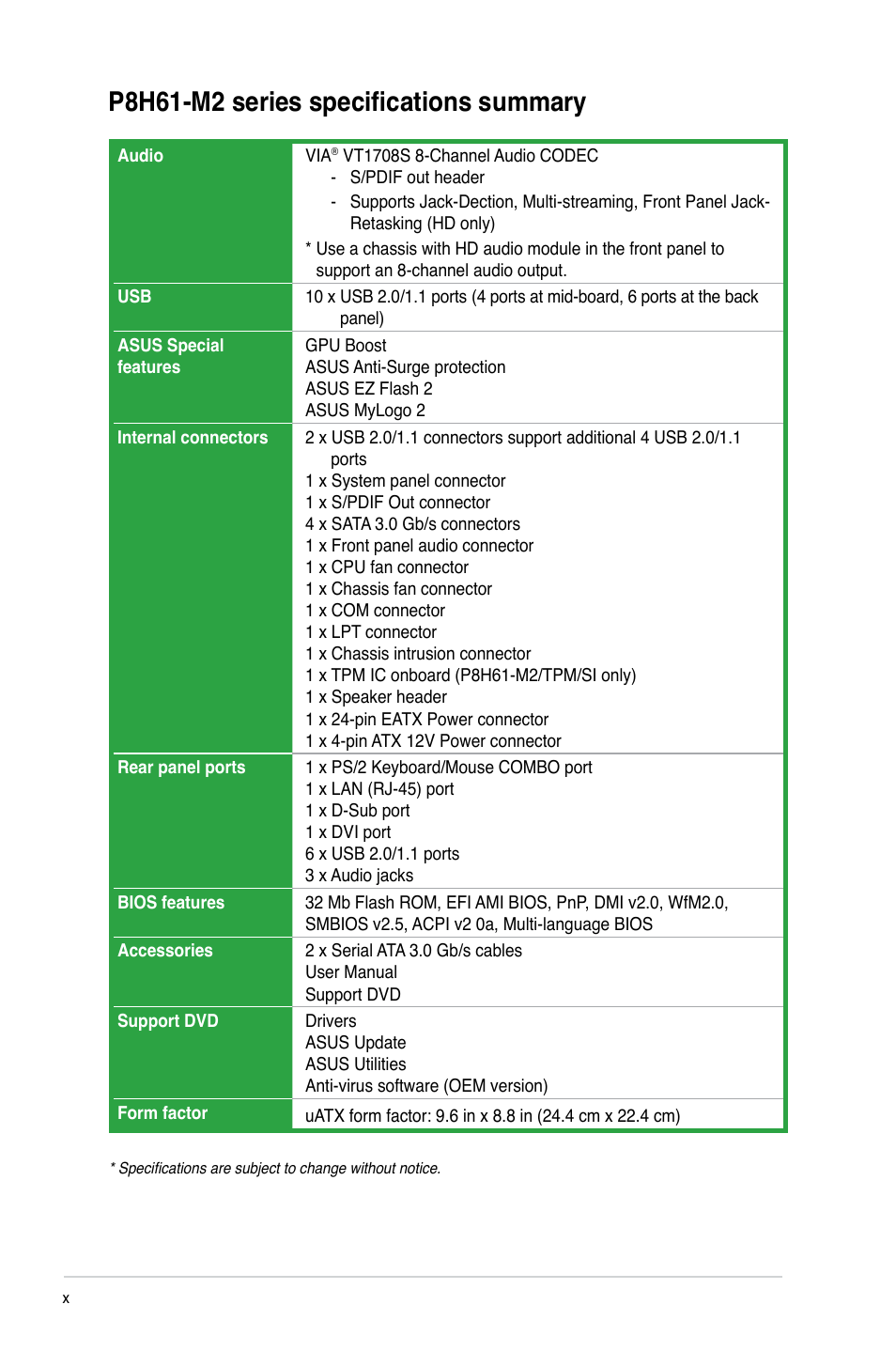 P8h61-m2 series specifications summary | Asus P8H61-M2/TPM/SI User Manual | Page 10 / 58