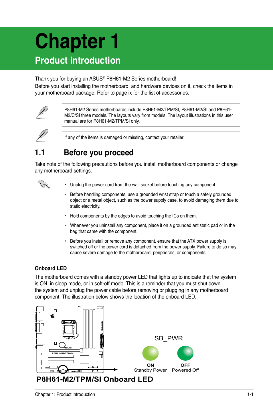 Chapter 1, Product introduction, 1 before you proceed | P8h61-m2/tpm/si onboard led | Asus P8H61-M2/TPM/SI User Manual | Page 11 / 58