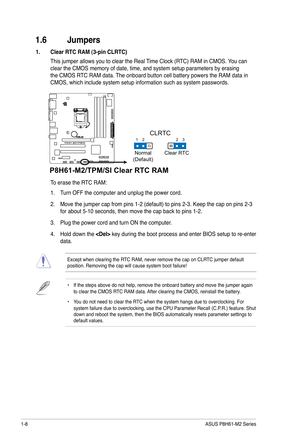 6 jumpers, P8h61-m2/tpm/si clear rtc ram | Asus P8H61-M2/TPM/SI User Manual | Page 18 / 58