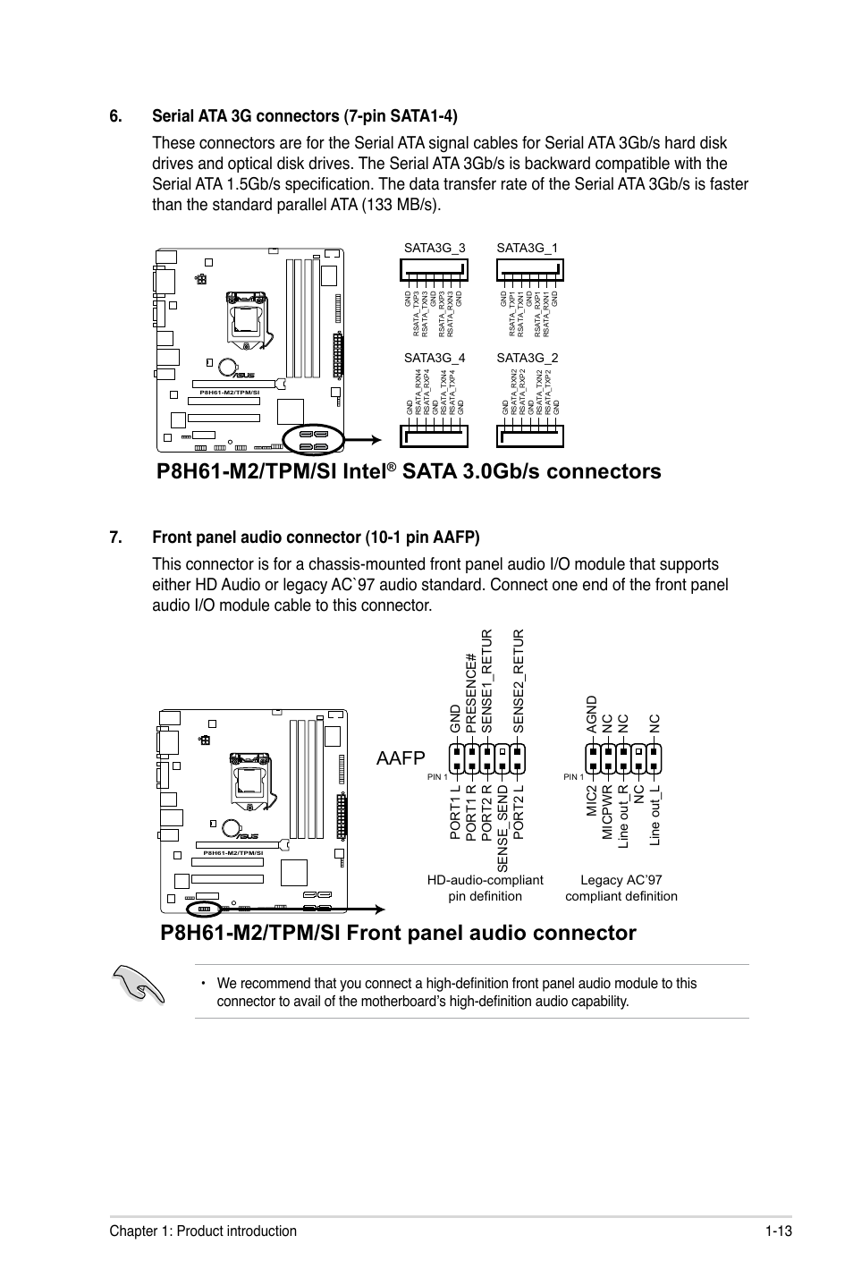 P8h61-m2/tpm/si intel, Sata 3.0gb/s connectors, P8h61-m2/tpm/si front panel audio connector | Aafp, 13 chapter 1: product introduction | Asus P8H61-M2/TPM/SI User Manual | Page 23 / 58
