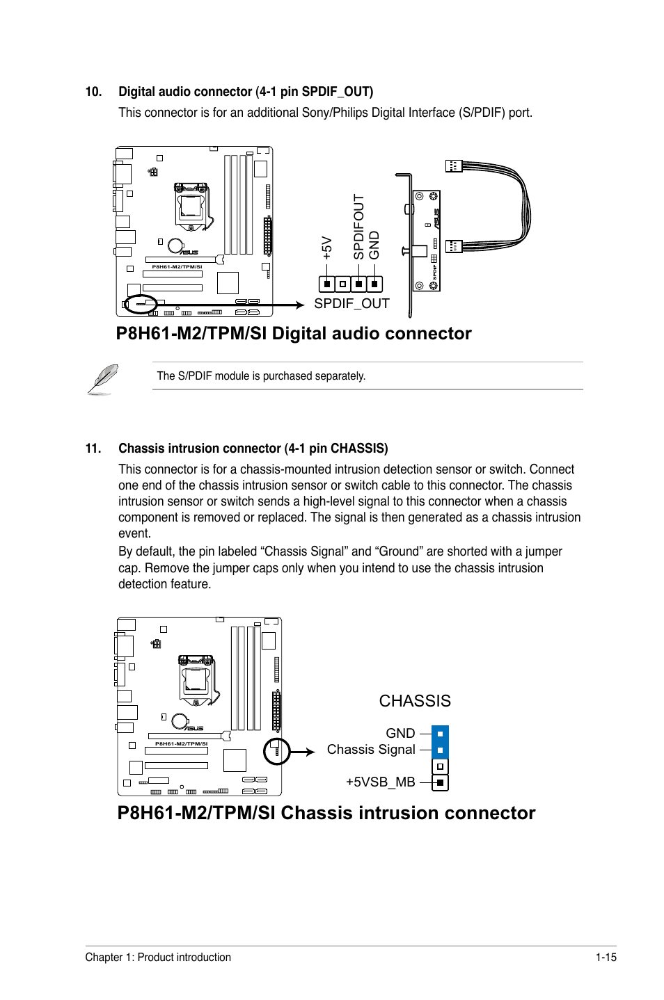 P8h61-m2/tpm/si chassis intrusion connector, P8h61-m2/tpm/si digital audio connector, Chassis | Asus P8H61-M2/TPM/SI User Manual | Page 25 / 58