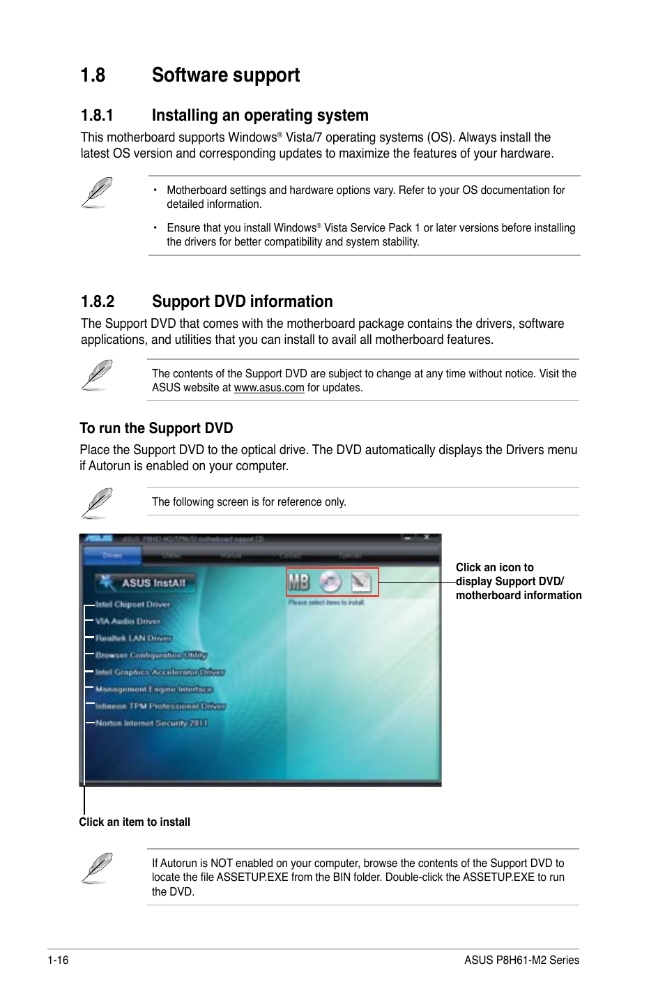 8 software support, 1 installing an operating system, 2 support dvd information | Asus P8H61-M2/TPM/SI User Manual | Page 26 / 58