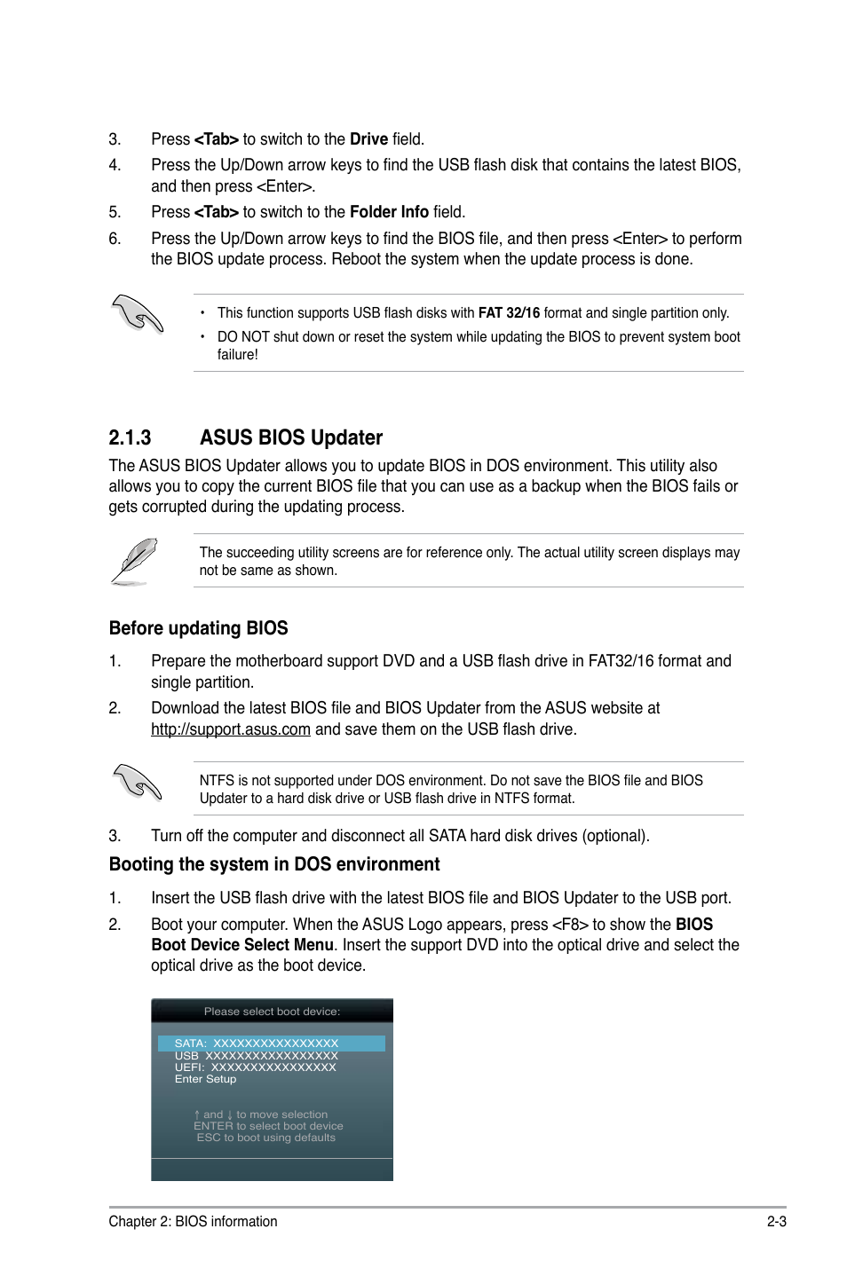3 asus bios updater, Before updating bios, Booting the system in dos environment | Asus P8H61-M2/TPM/SI User Manual | Page 29 / 58