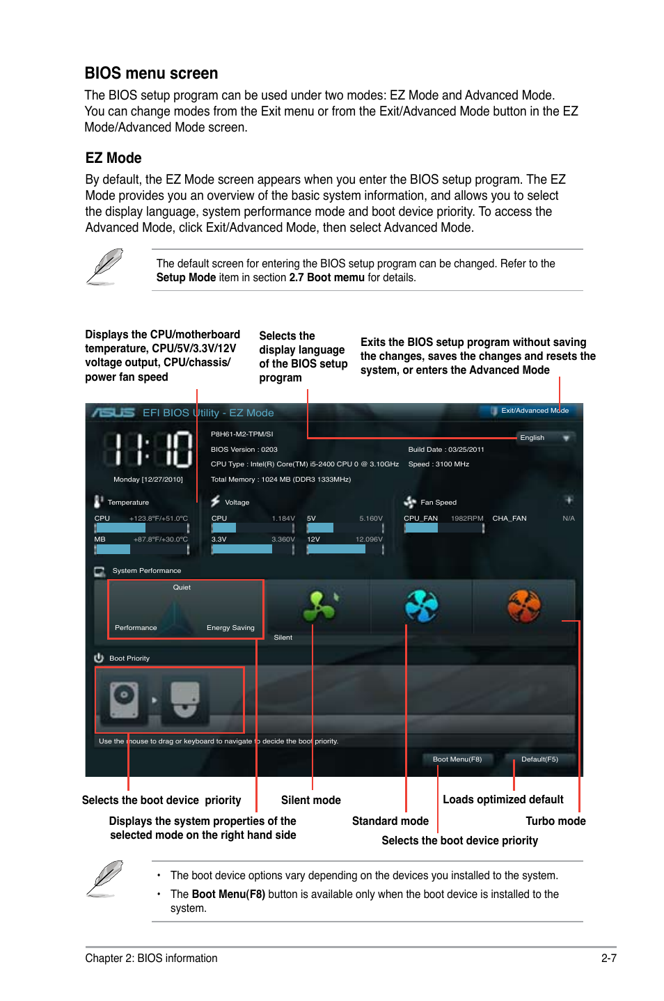 Bios menu screen, Ez mode, Chapter 2: bios information 2-7 | Asus P8H61-M2/TPM/SI User Manual | Page 33 / 58