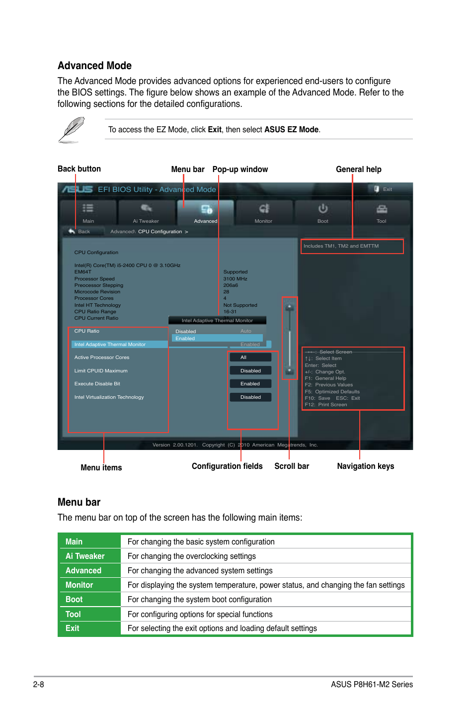 Advanced mode, Menu bar, General help menu bar menu items scroll bar | Back button, Configuration fields pop-up window | Asus P8H61-M2/TPM/SI User Manual | Page 34 / 58