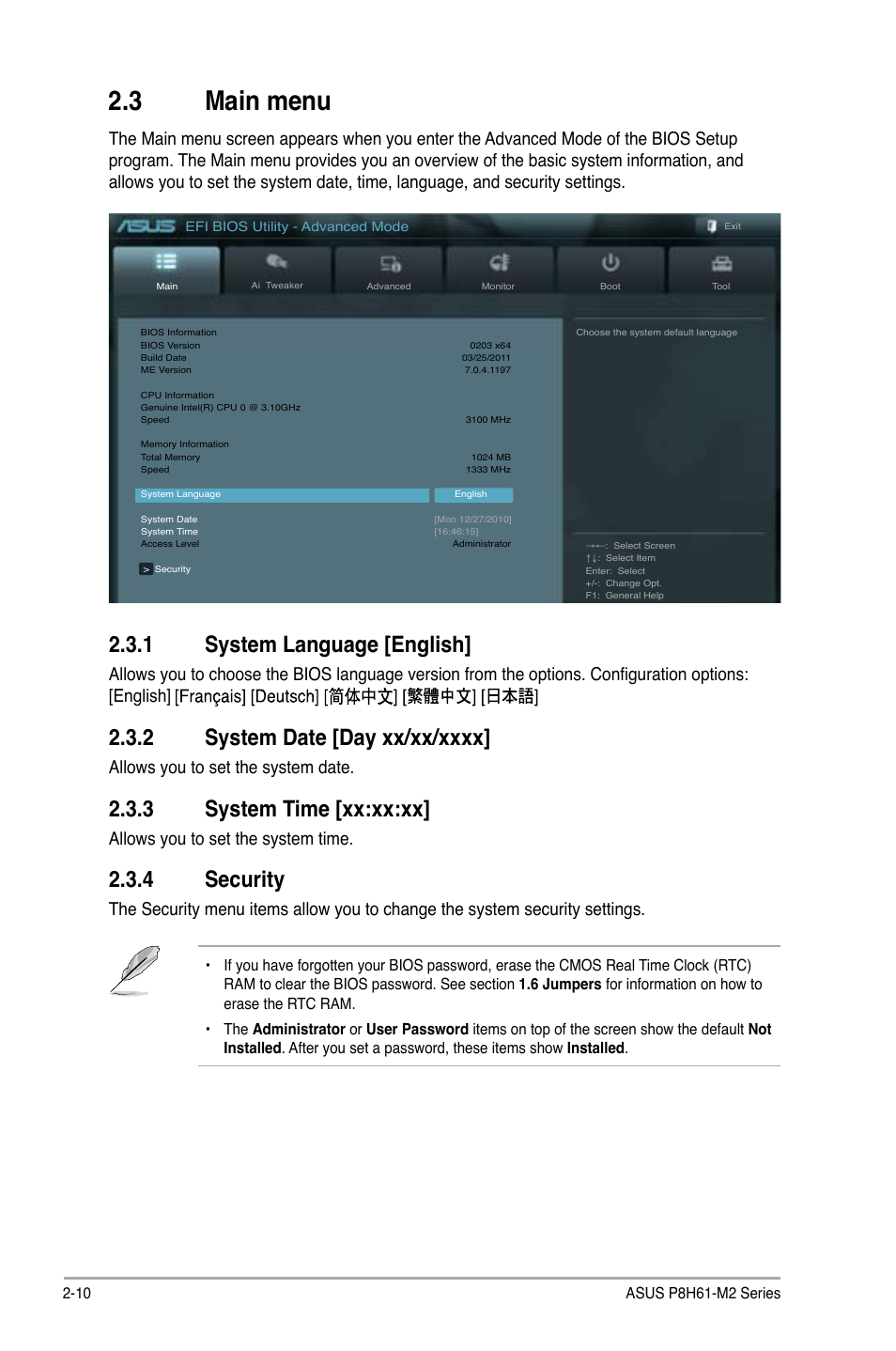 3 main menu, 1 system language [english, 3 system time [xx:xx:xx | 4 security, Allows you to set the system date, Allows you to set the system time | Asus P8H61-M2/TPM/SI User Manual | Page 36 / 58