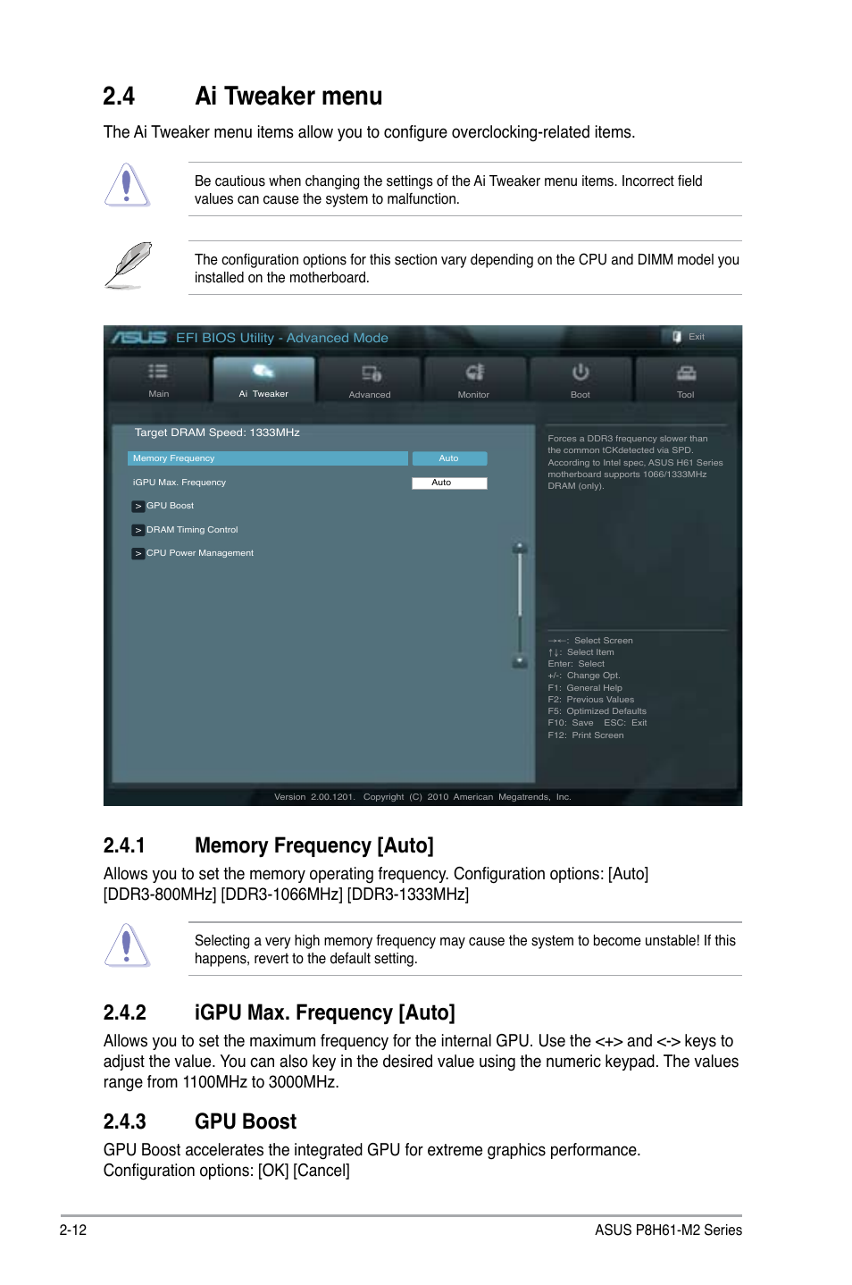 4 ai tweaker menu, 2 igpu max. frequency [auto, 3 gpu boost | Asus P8H61-M2/TPM/SI User Manual | Page 38 / 58