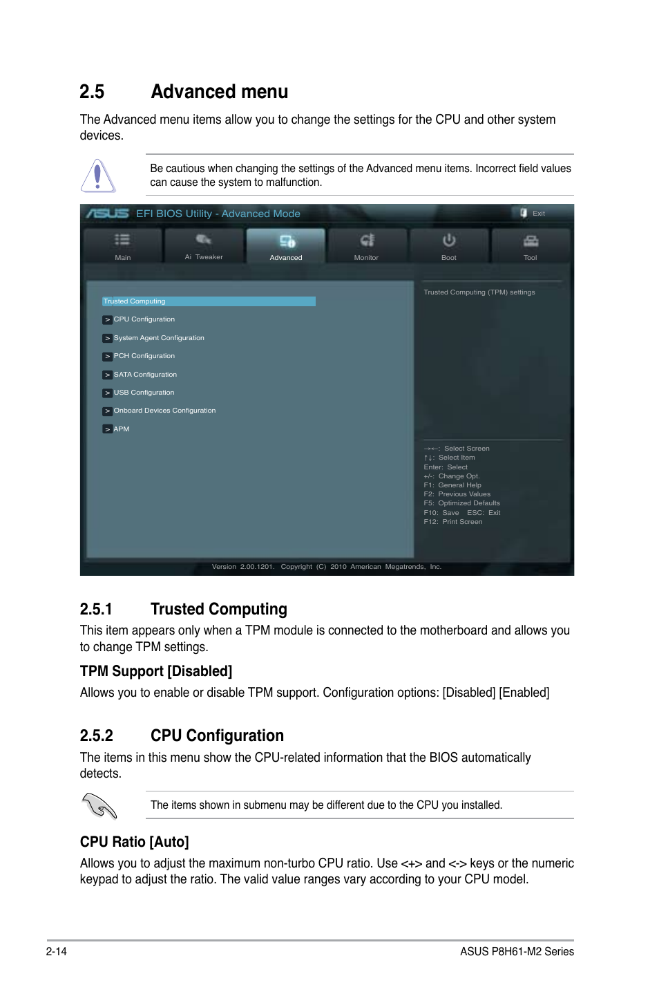 5 advanced menu, 1 trusted computing, 2 cpu configuration | Tpm support [disabled, Cpu ratio [auto | Asus P8H61-M2/TPM/SI User Manual | Page 40 / 58