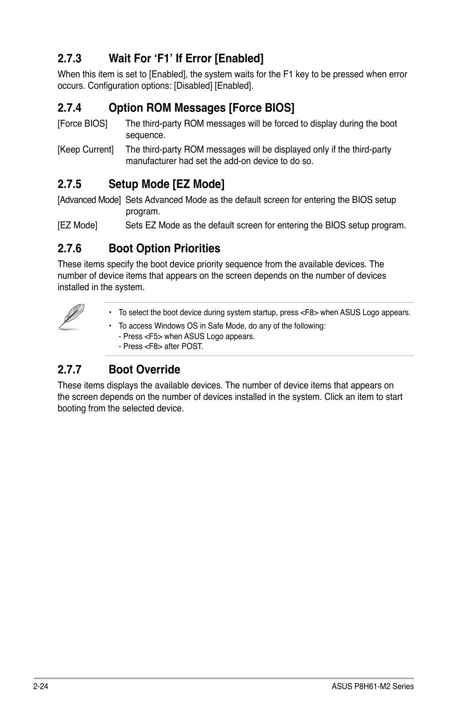 3 wait for ‘f1’ if error [enabled, 4 option rom messages [force bios, 5 setup mode [ez mode | 6 boot option priorities, 7 boot override | Asus P8H61-M2/TPM/SI User Manual | Page 50 / 58