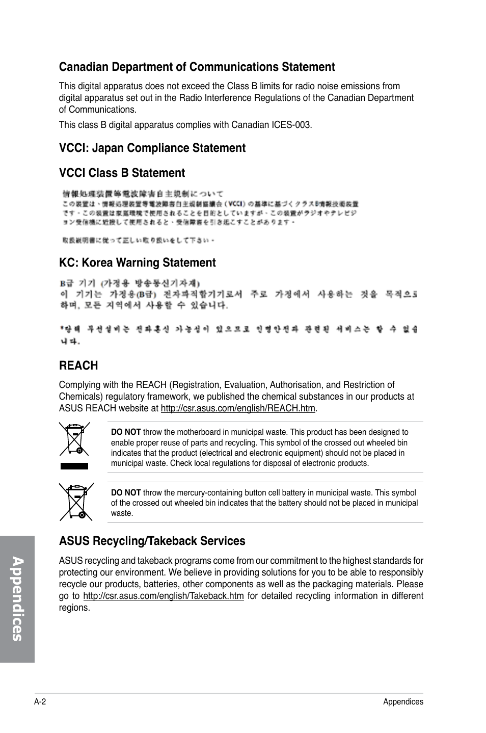 Appendices, Reach, Asus recycling/takeback services | Asus P8H61-M2/TPM/SI User Manual | Page 54 / 58