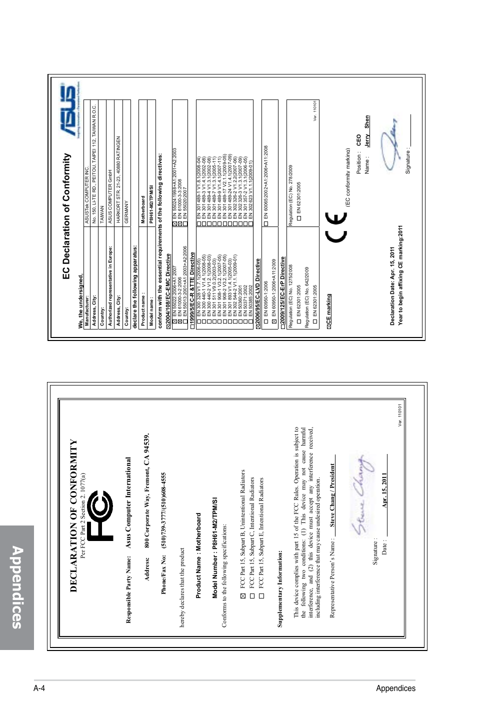 Appendices, Ec declaration of conformity, Declaration of conformity | A-4 appendices, Asu s c om pu te r in te rn at io na l | Asus P8H61-M2/TPM/SI User Manual | Page 56 / 58