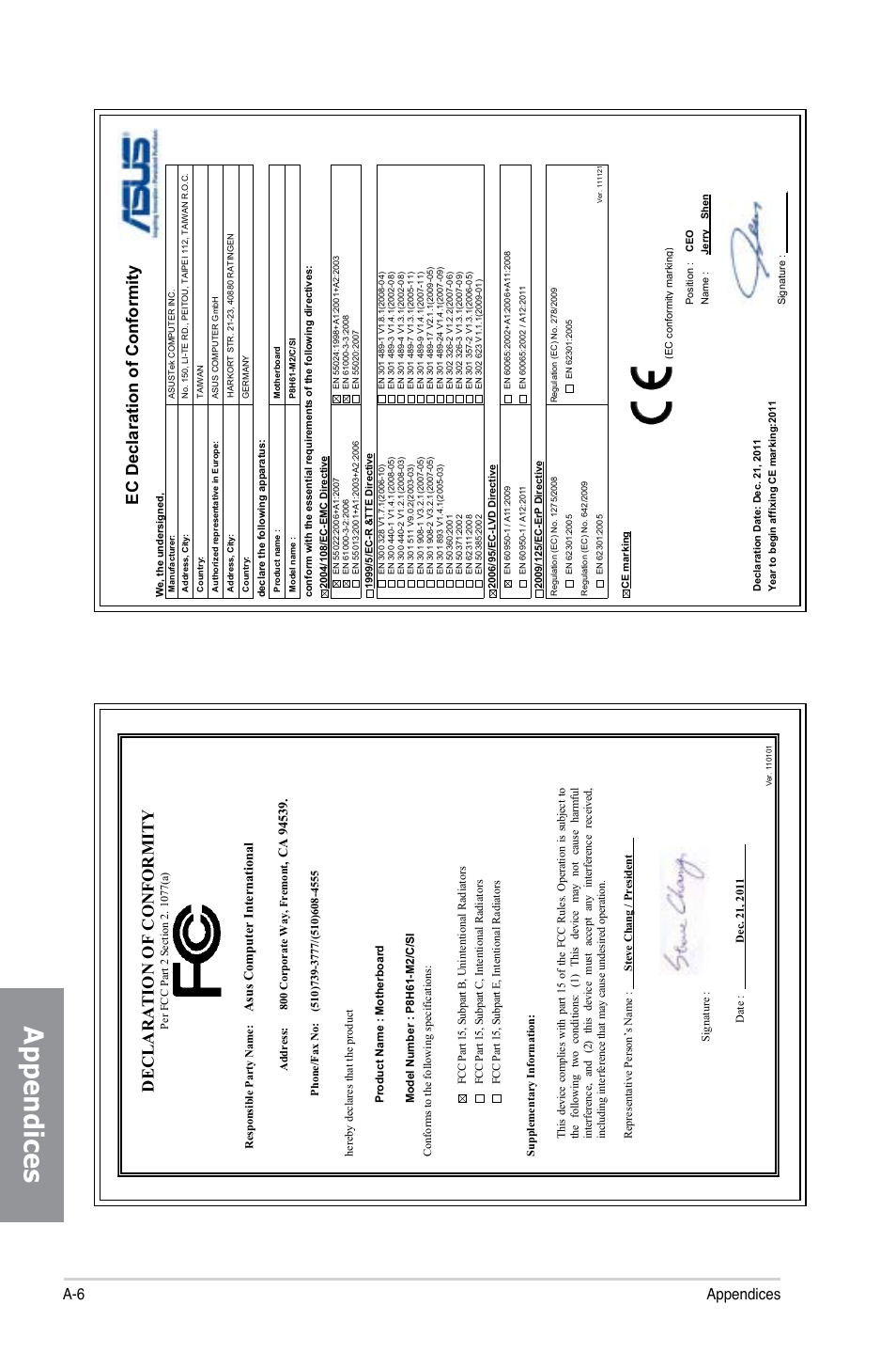 Appendices, Declaration of conformity, Ec declaration of conformity | A-6 appendices, Asu s c om pu te r in te rn at io na l | Asus P8H61-M2/TPM/SI User Manual | Page 58 / 58