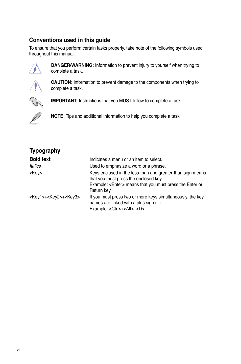 Conventions used in this guide, Typography | Asus P8H61-M2/TPM/SI User Manual | Page 8 / 58