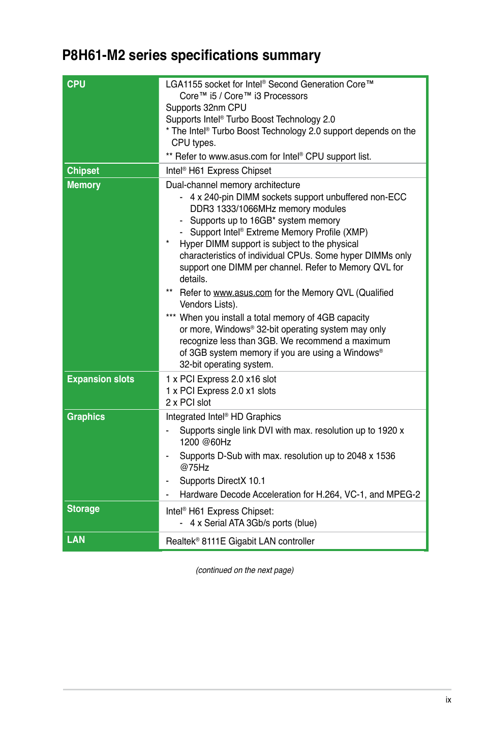 P8h61-m2 series specifications summary | Asus P8H61-M2/TPM/SI User Manual | Page 9 / 58