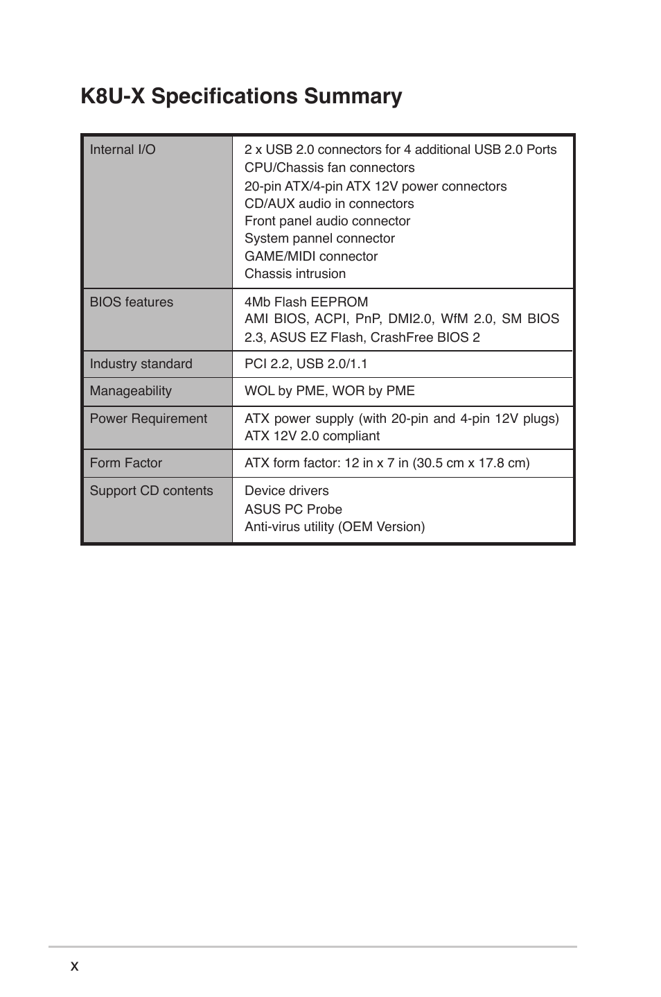 K8u-x speciﬁcations summary | Asus K8U-X User Manual | Page 10 / 80