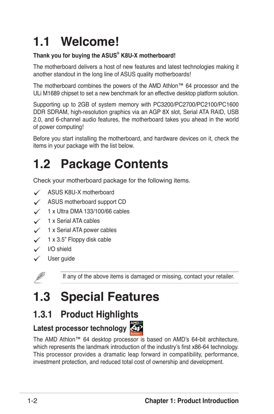 1 welcome, 2 package contents, 3 special features | 1 product highlights | Asus K8U-X User Manual | Page 12 / 80