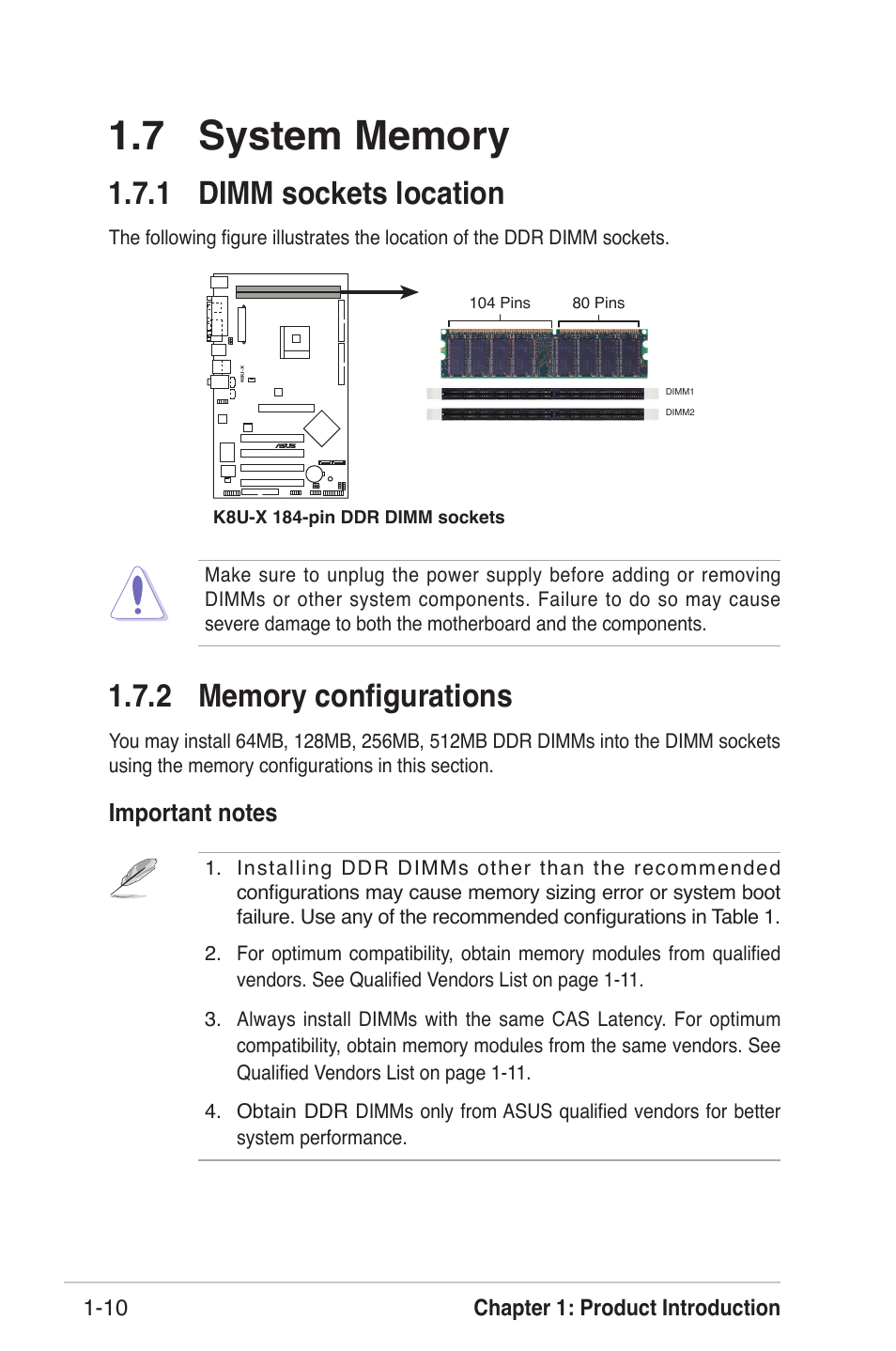 1 dimm sockets location, Chapter 1: product introduction 1-10 | Asus K8U-X User Manual | Page 20 / 80