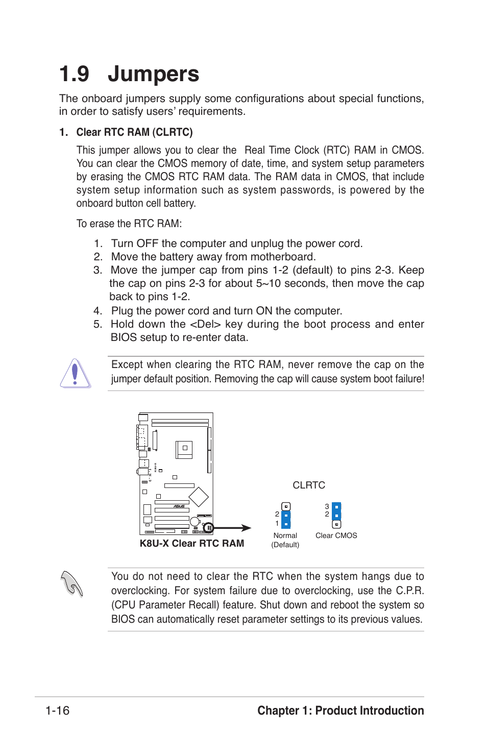 9 jumpers, Chapter 1: product introduction 1-16 | Asus K8U-X User Manual | Page 26 / 80