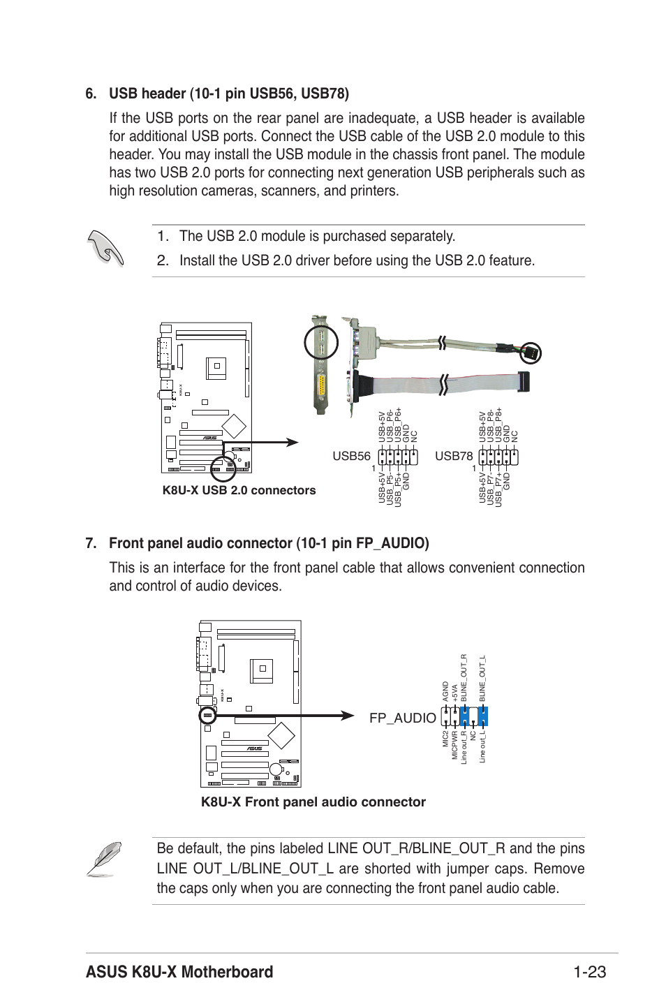 Asus k8u-x motherboard 1-23, K8u-x front panel audio connector fp_audio, Usb78 | Asus K8U-X User Manual | Page 33 / 80