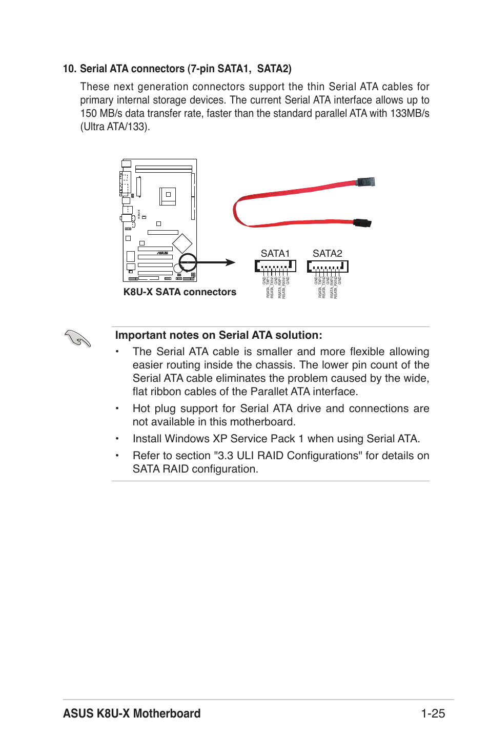 Asus k8u-x motherboard 1-25, K8u-x sata connectors sata2, Sata1 | Asus K8U-X User Manual | Page 35 / 80