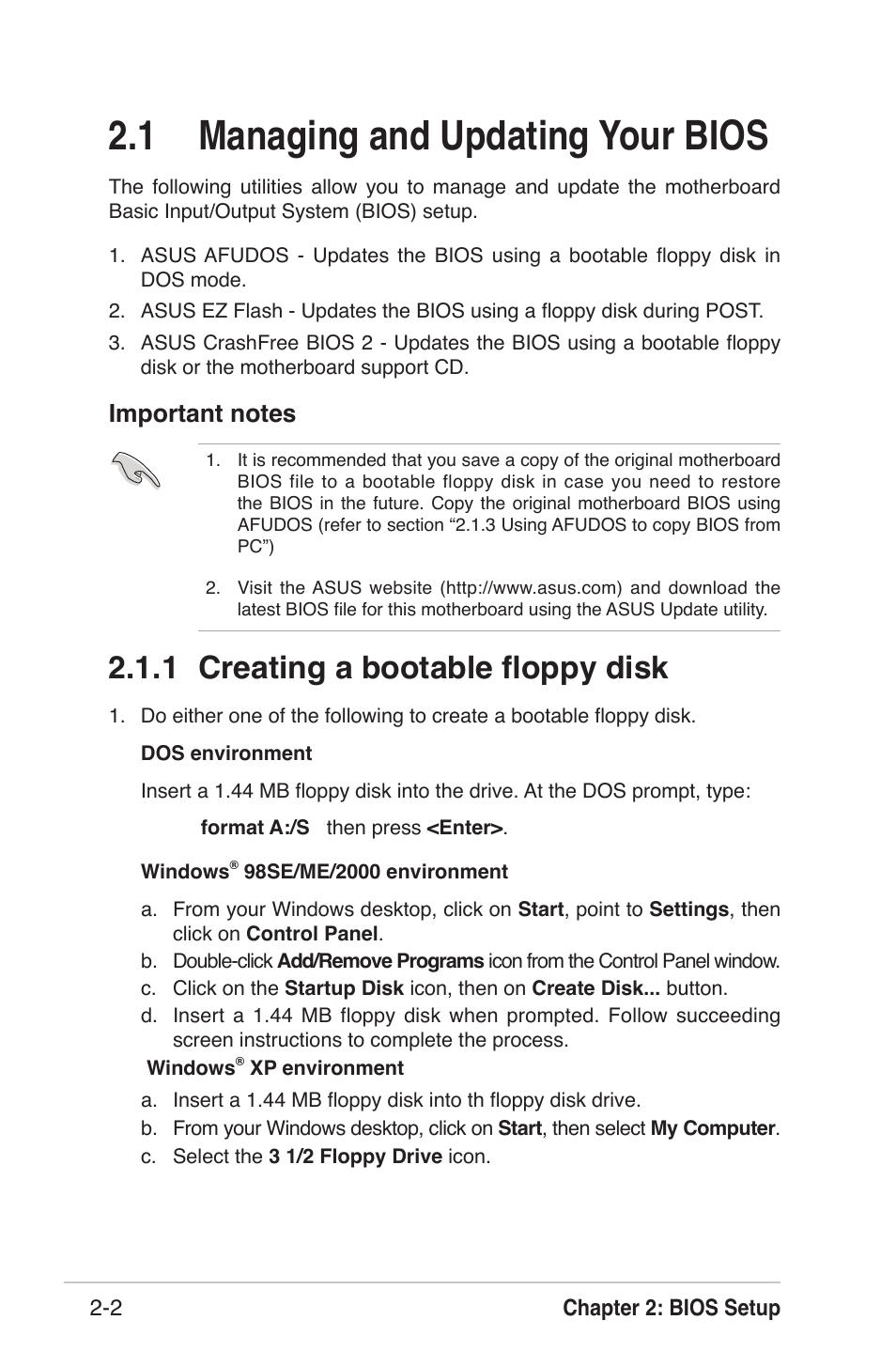 1 managing and updating your bios, 1 creating a bootable ﬂoppy disk | Asus K8U-X User Manual | Page 38 / 80