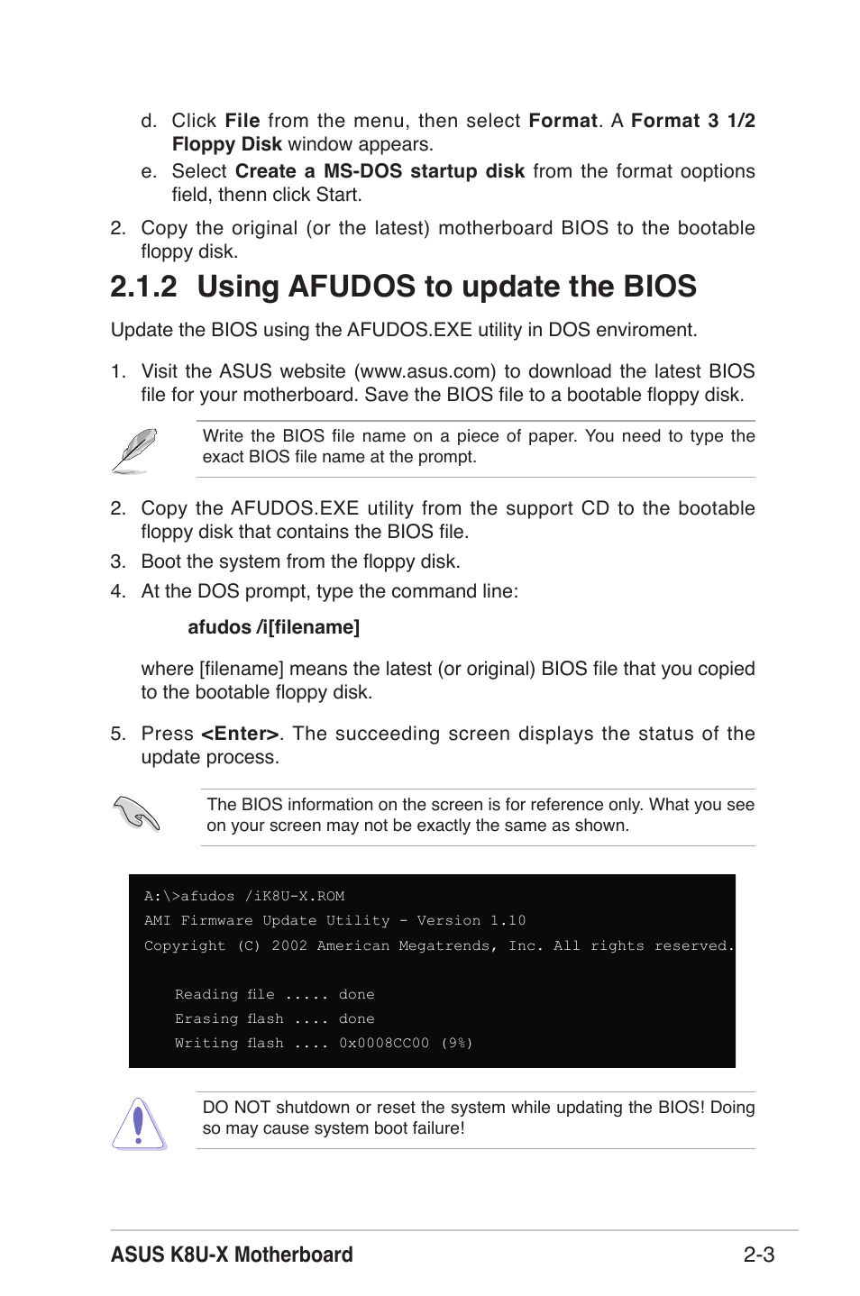 2 using afudos to update the bios, Asus k8u-x motherboard 2-3 | Asus K8U-X User Manual | Page 39 / 80