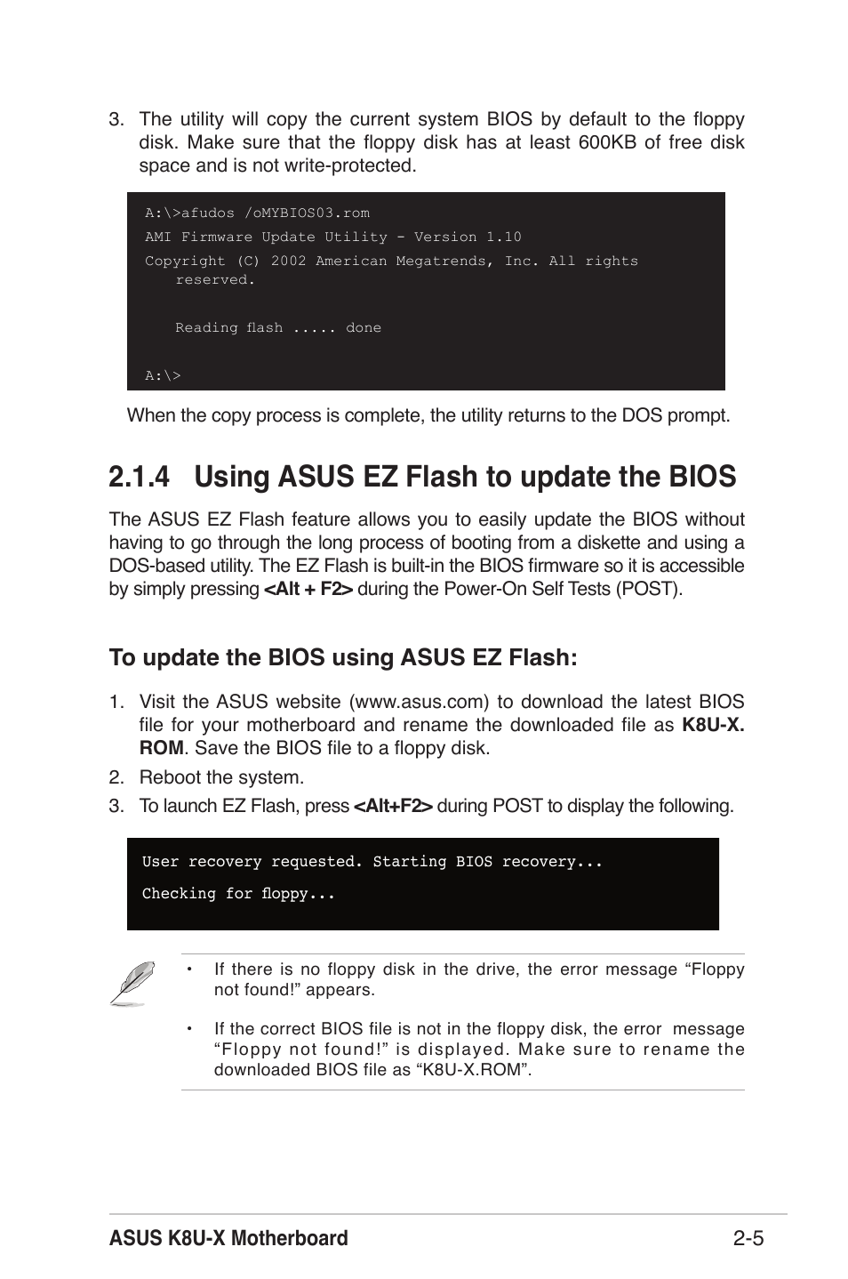 4 using asus ez flash to update the bios, Asus k8u-x motherboard 2-5 | Asus K8U-X User Manual | Page 41 / 80