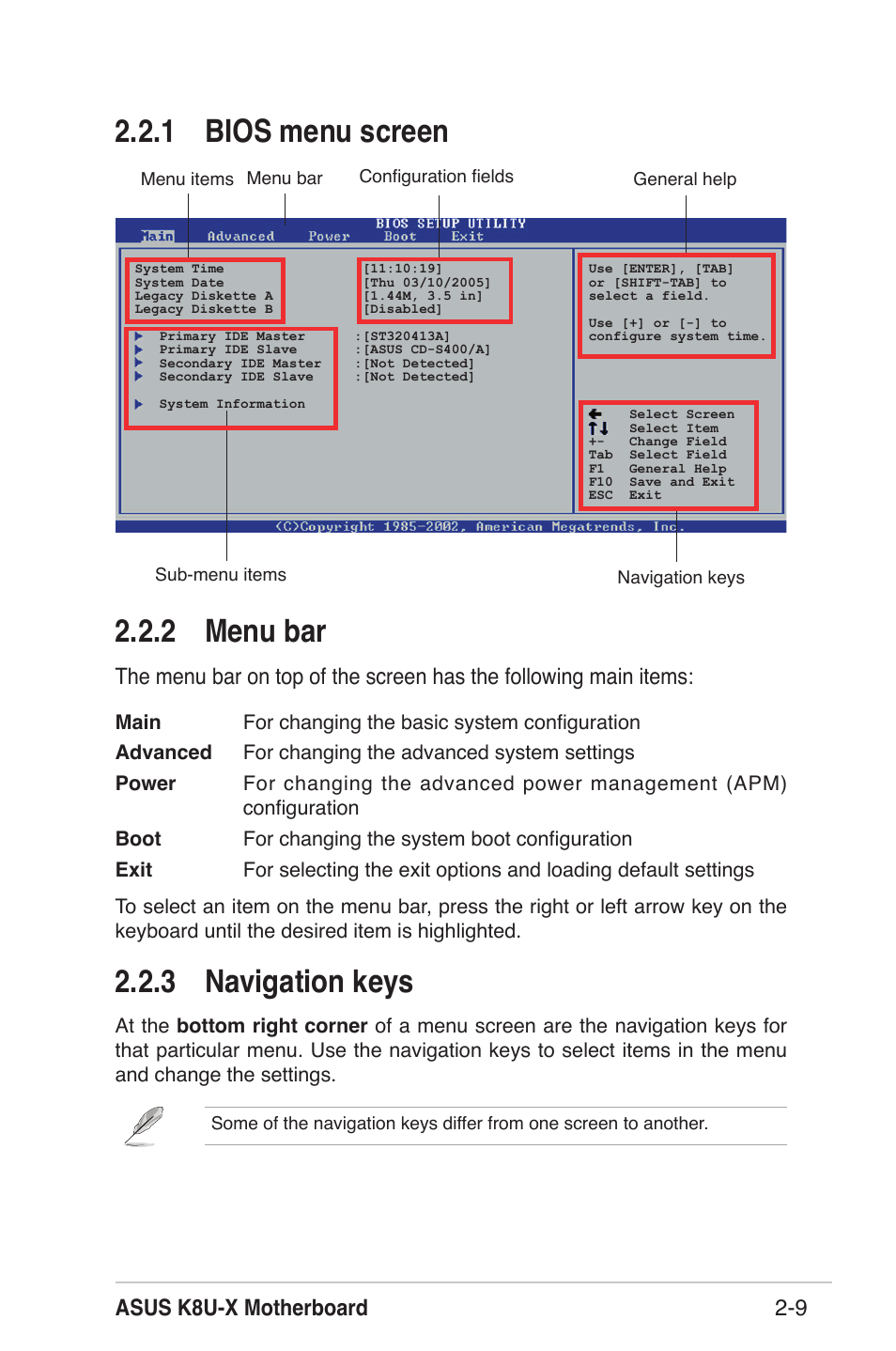 1 bios menu screen 2.2.2 menu bar, 3 navigation keys, Asus k8u-x motherboard 2-9 | Asus K8U-X User Manual | Page 45 / 80