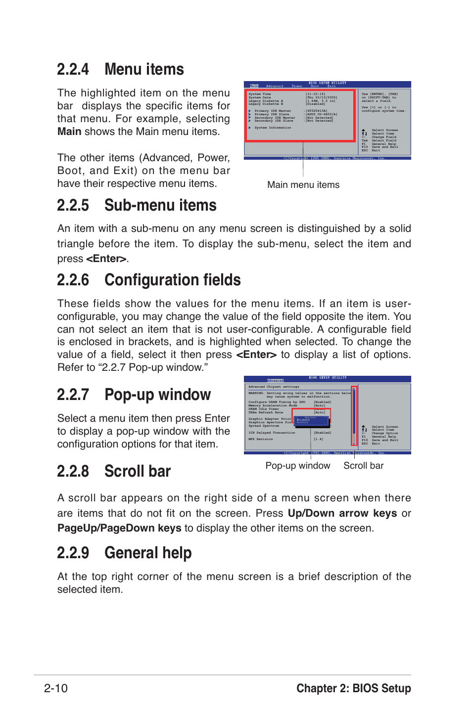 6 conﬁguration ﬁelds, 7 pop-up window, 8 scroll bar | 9 general help, 4 menu items, 5 sub-menu items, Chapter 2: bios setup 2-10, Main menu items, Pop-up window scroll bar | Asus K8U-X User Manual | Page 46 / 80