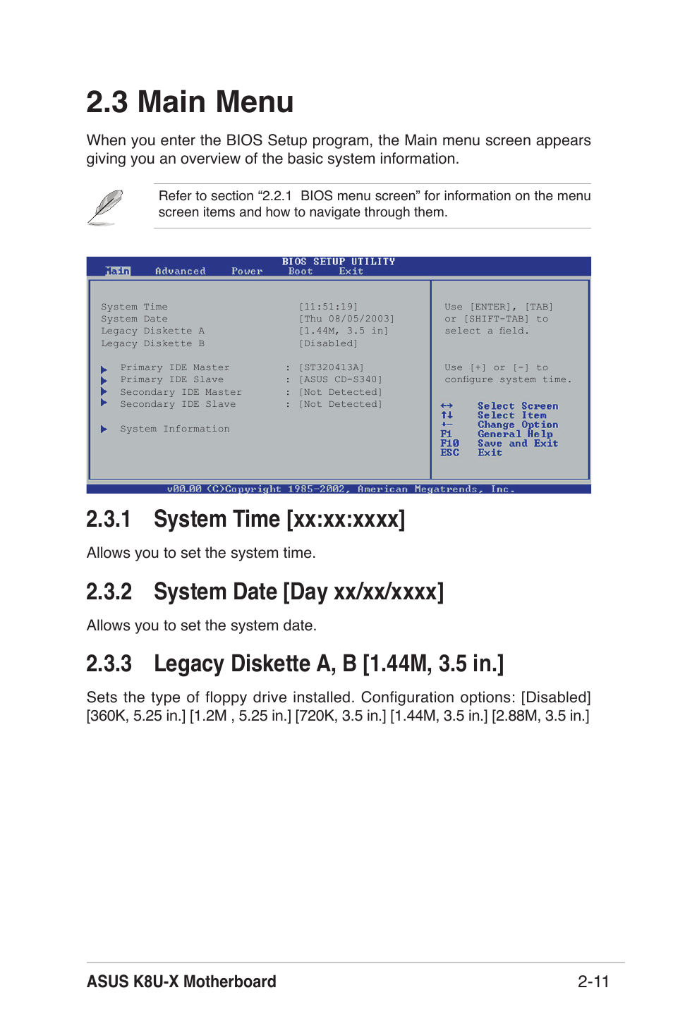 3 main menu, Asus k8u-x motherboard 2-11 | Asus K8U-X User Manual | Page 47 / 80