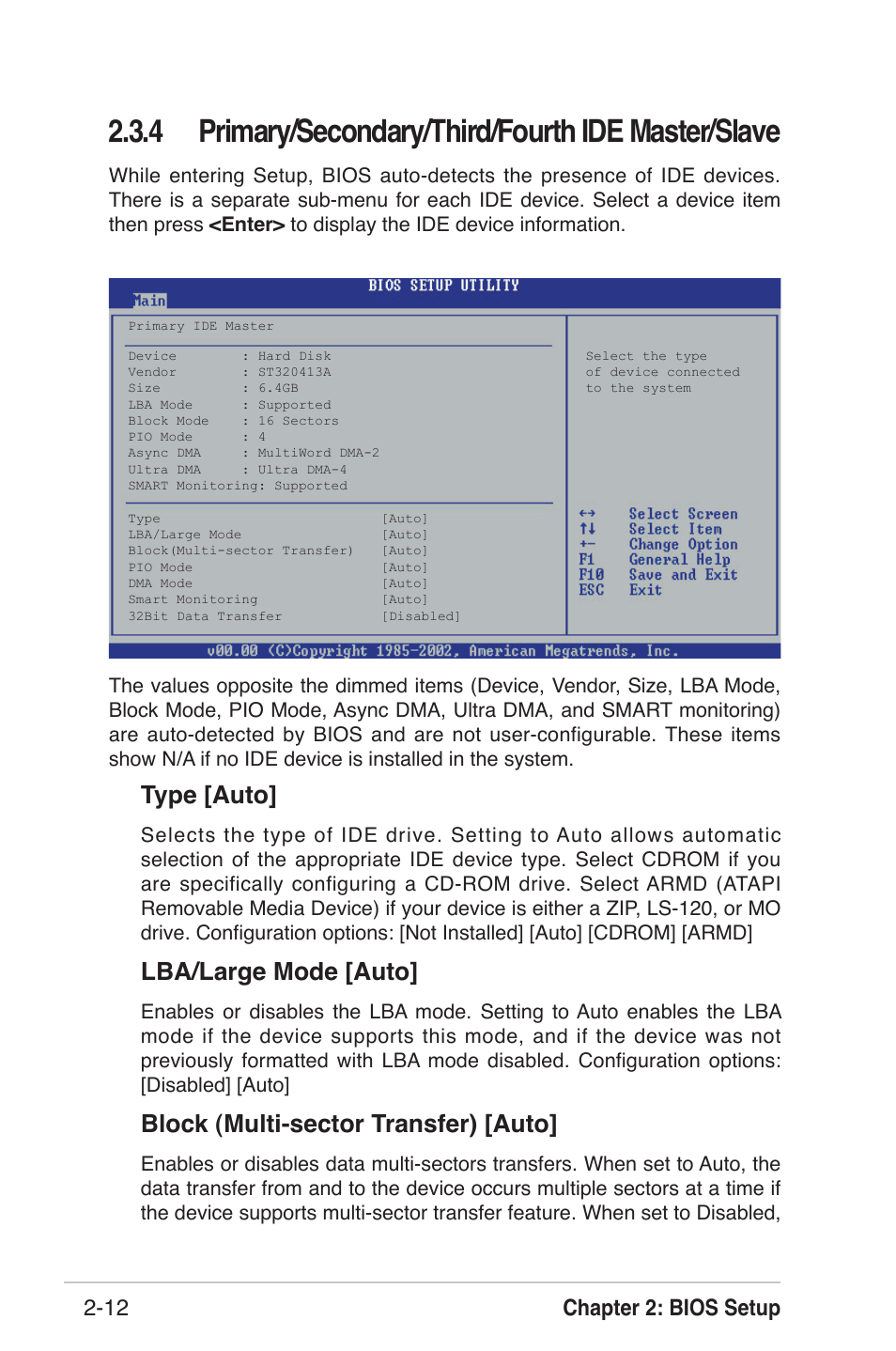 4 primary/secondary/third/fourth ide master/slave, Type [auto, Lba/large mode [auto | Block (multi-sector transfer) [auto, Chapter 2: bios setup 2-12 | Asus K8U-X User Manual | Page 48 / 80