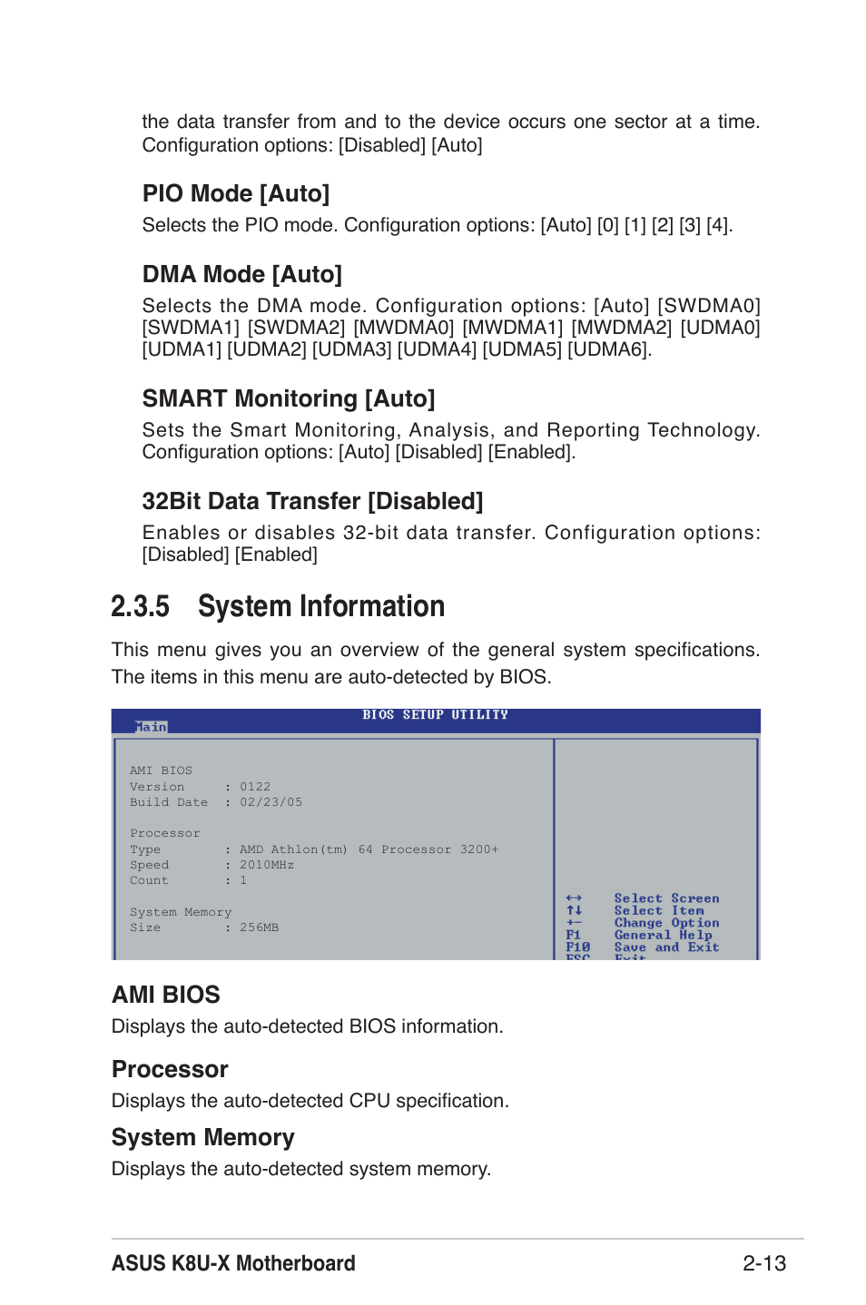 5 system information, Ami bios, Processor | Pio mode [auto, Dma mode [auto, Smart monitoring [auto, 32bit data transfer [disabled | Asus K8U-X User Manual | Page 49 / 80