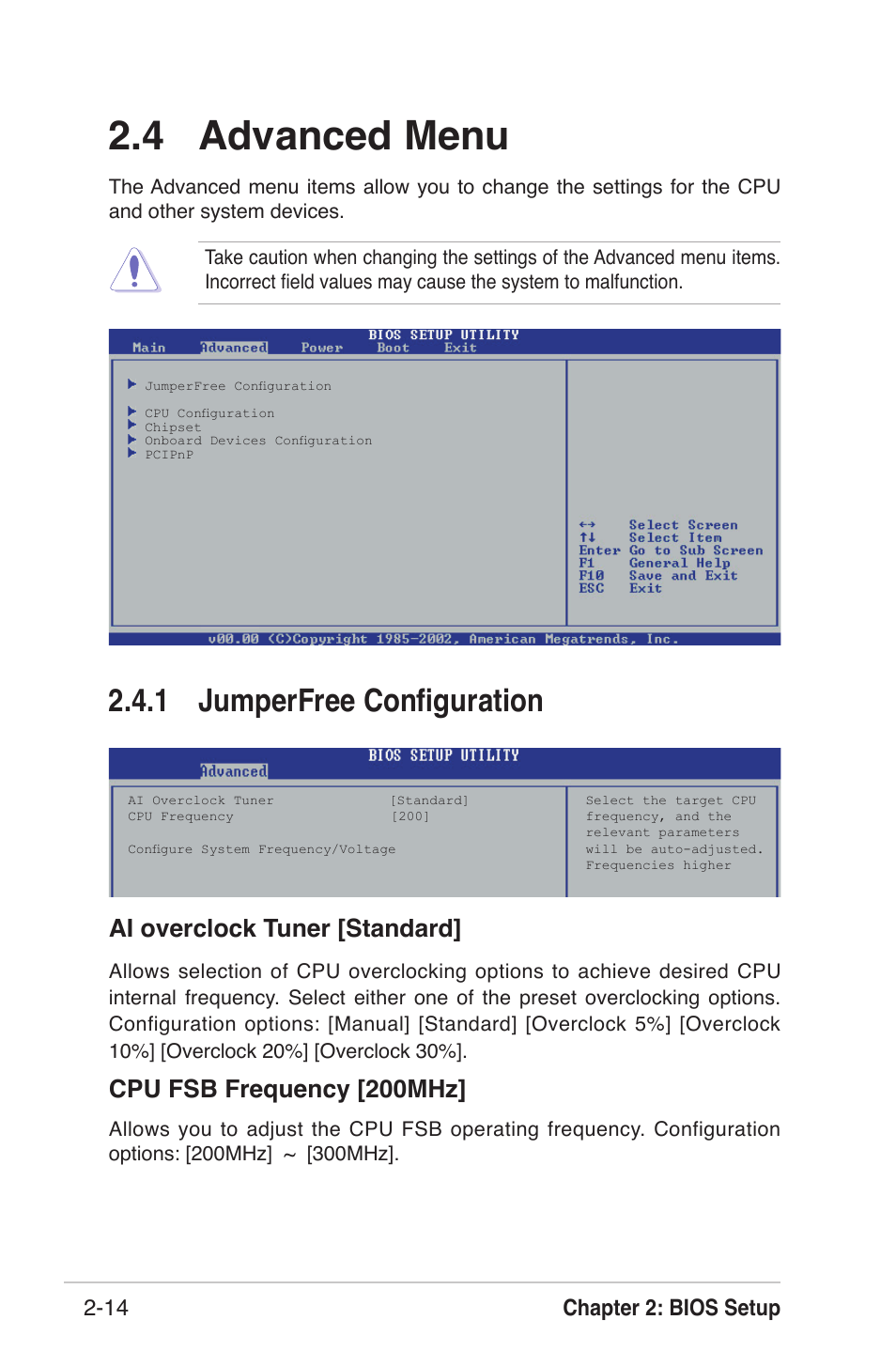 4 advanced menu, 1 jumperfree conﬁguration, Ai overclock tuner [standard | Cpu fsb frequency [200mhz, Chapter 2: bios setup 2-14 | Asus K8U-X User Manual | Page 50 / 80