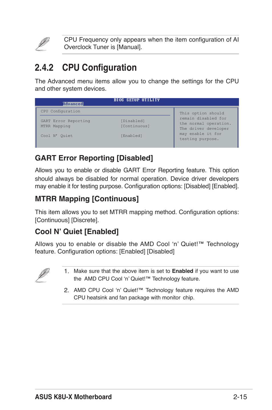 2 cpu conﬁguration, Gart error reporting [disabled, Mtrr mapping [continuous | Cool nʼ quiet [enabled, Asus k8u-x motherboard 2-15 | Asus K8U-X User Manual | Page 51 / 80