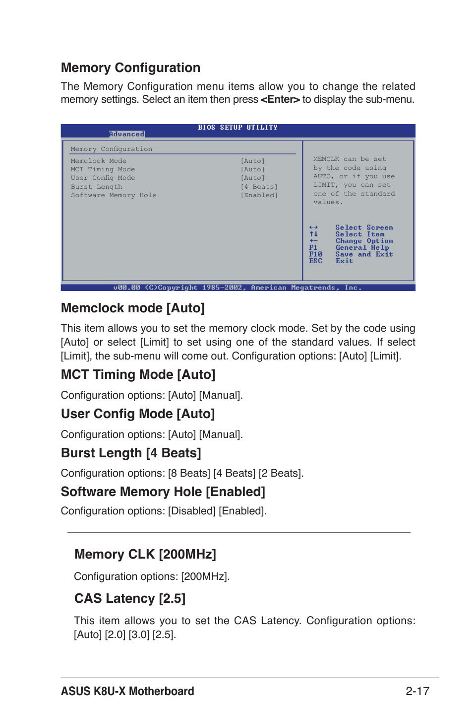 Memclock mode [auto, Mct timing mode [auto, User conﬁg mode [auto | Burst length [4 beats, Cas latency [2.5, Asus k8u-x motherboard 2-17 | Asus K8U-X User Manual | Page 53 / 80