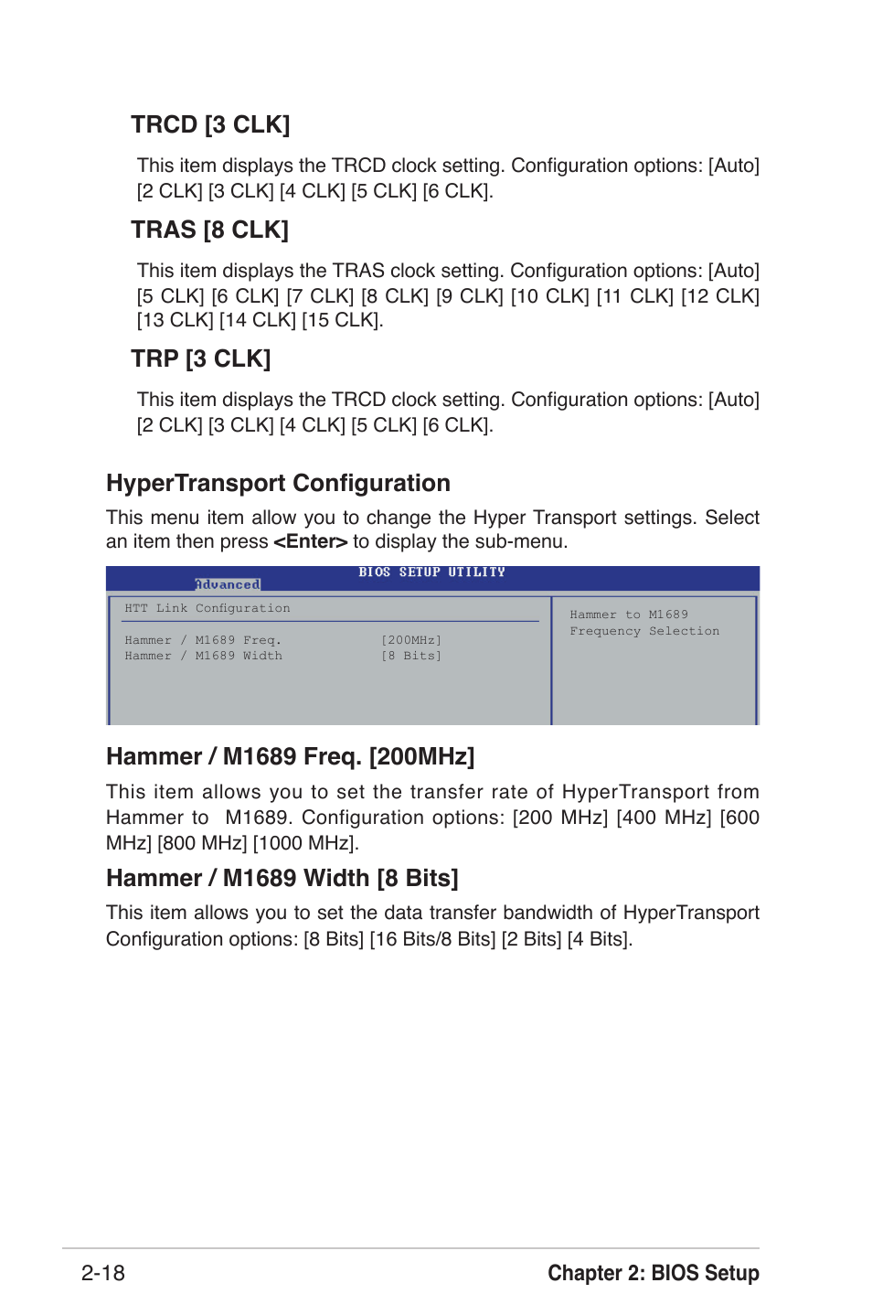 Trcd [3 clk, Tras [8 clk, Trp [3 clk | Hypertransport conﬁguration, Chapter 2: bios setup 2-18 | Asus K8U-X User Manual | Page 54 / 80