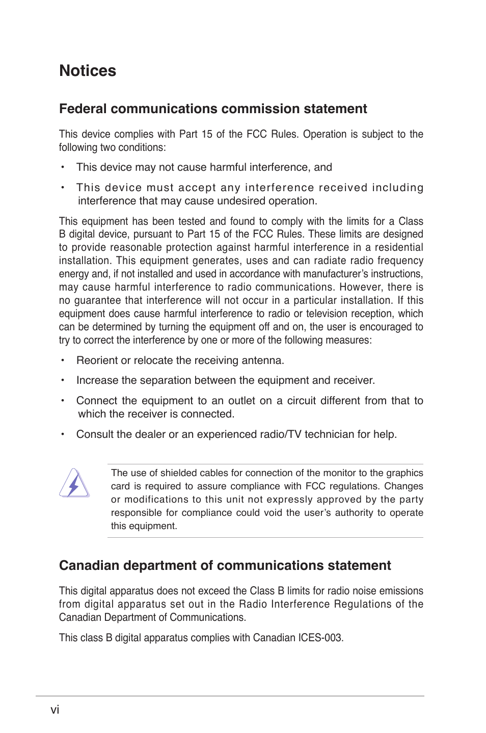 Notices, Federal communications commission statement, Canadian department of communications statement | Asus K8U-X User Manual | Page 6 / 80