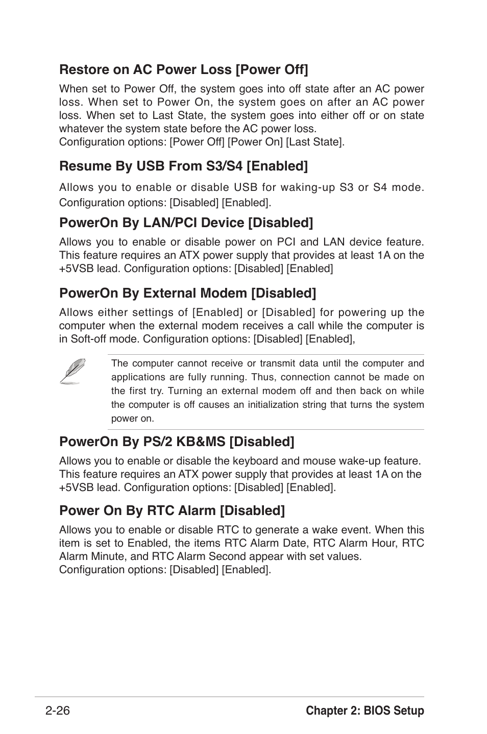 Poweron by ps/2 kb&ms [disabled, Power on by rtc alarm [disabled, Restore on ac power loss [power off | Resume by usb from s3/s4 [enabled, Poweron by lan/pci device [disabled, Poweron by external modem [disabled | Asus K8U-X User Manual | Page 62 / 80