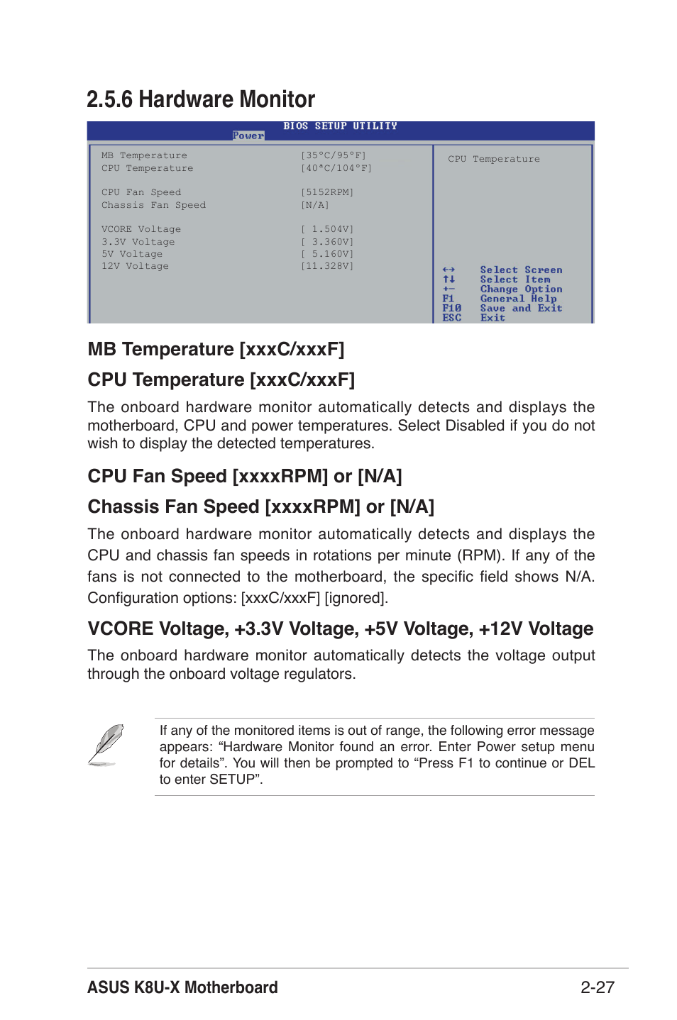 6 hardware monitor, Asus k8u-x motherboard 2-27 | Asus K8U-X User Manual | Page 63 / 80