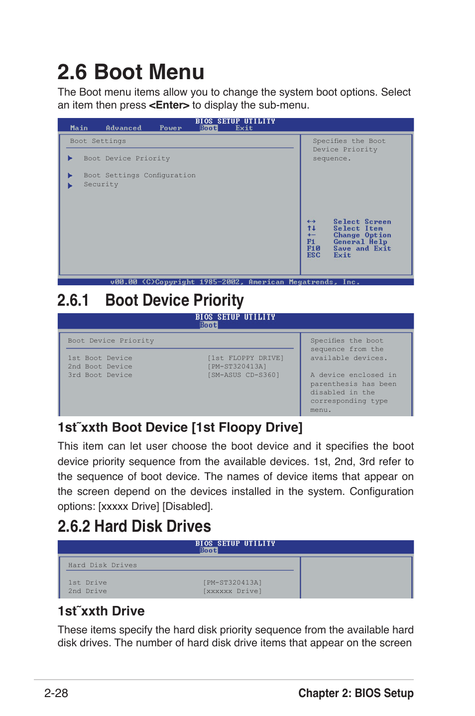 6 boot menu, 1 boot device priority, 2 hard disk drives | 1st˜xxth boot device [1st floopy drive, 1st˜xxth drive, Chapter 2: bios setup 2-28 | Asus K8U-X User Manual | Page 64 / 80