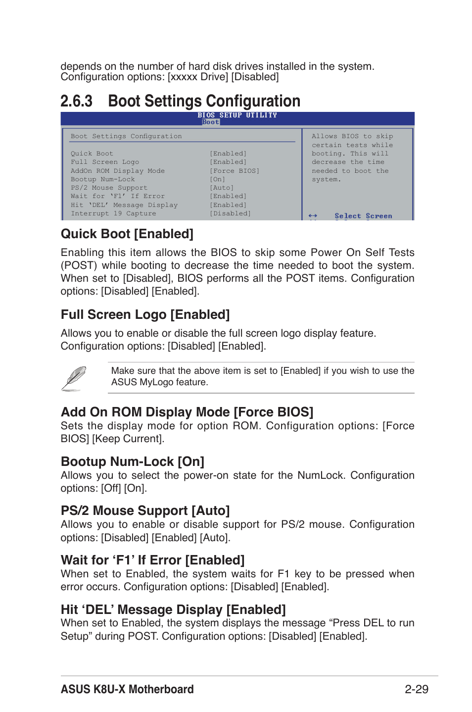 3 boot settings conﬁguration, Quick boot [enabled, Full screen logo [enabled | Add on rom display mode [force bios, Bootup num-lock [on, Ps/2 mouse support [auto, Wait for ʻf1ʼ if error [enabled, Hit ʻdelʼ message display [enabled, Asus k8u-x motherboard 2-29 | Asus K8U-X User Manual | Page 65 / 80