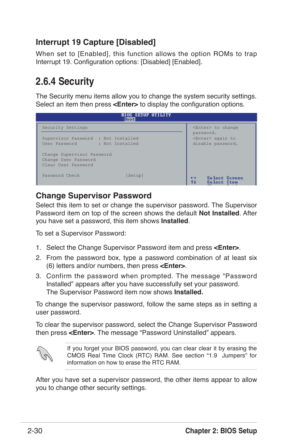 4 security, Change supervisor password, Interrupt 19 capture [disabled | Chapter 2: bios setup 2-30 | Asus K8U-X User Manual | Page 66 / 80