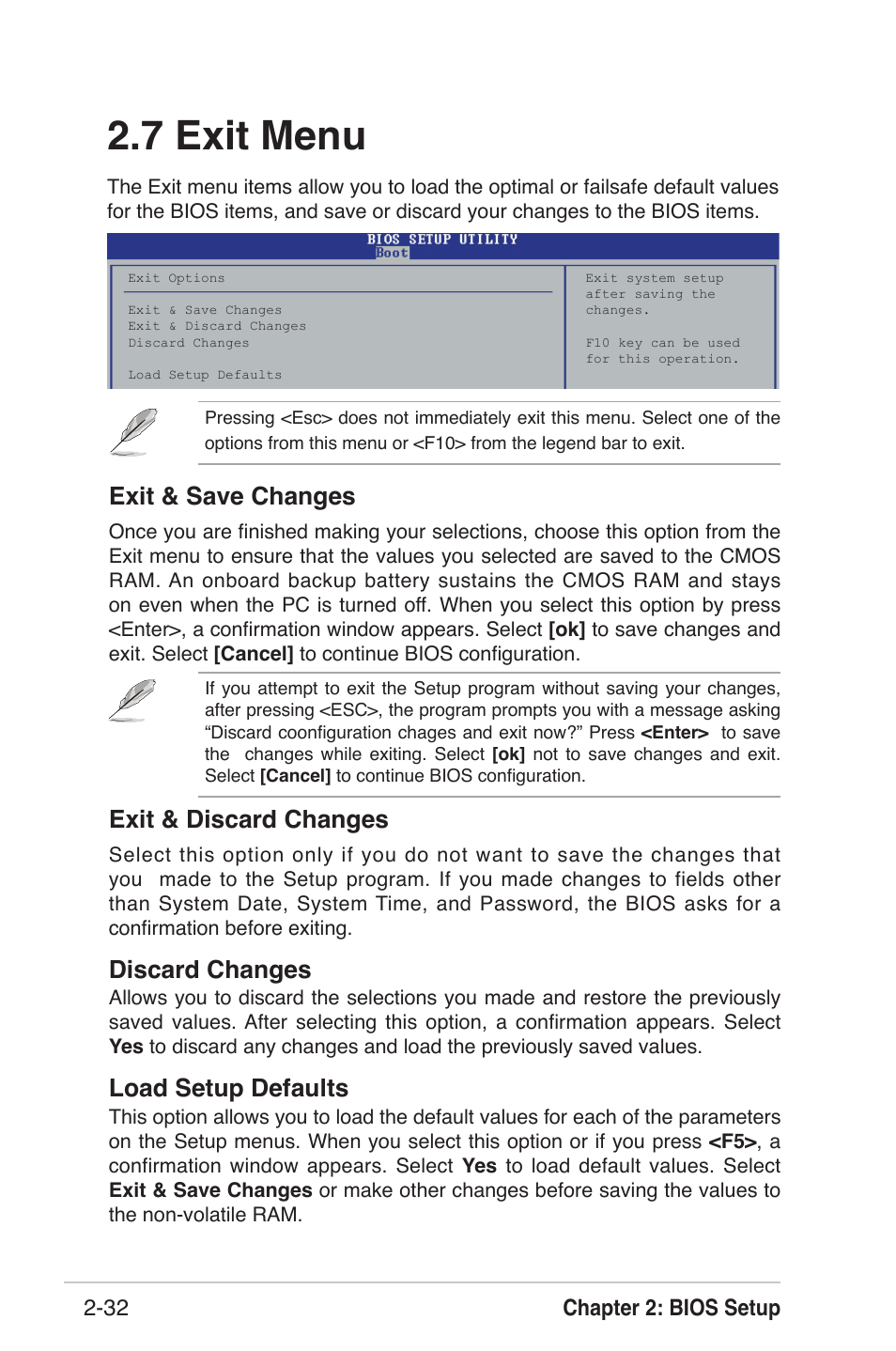 7 exit menu, Exit & discard changes, Discard changes | Load setup defaults, Exit & save changes, Chapter 2: bios setup 2-32 | Asus K8U-X User Manual | Page 68 / 80