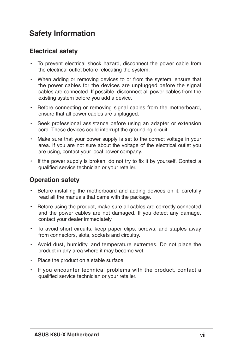 Safety information, Electrical safety, Operation safety | Asus K8U-X User Manual | Page 7 / 80