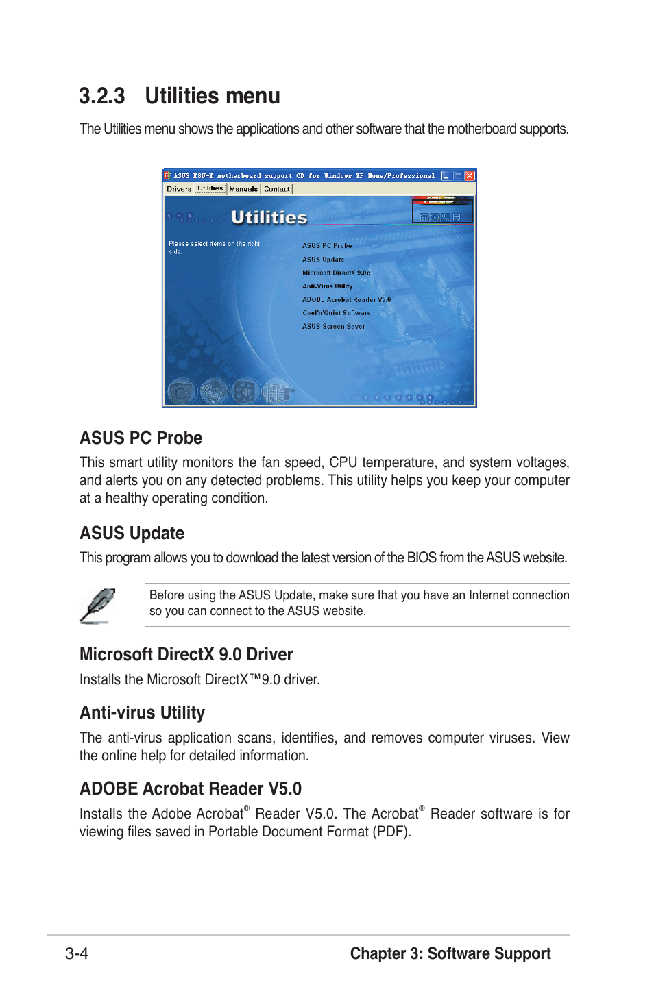 3 utilities menu, Asus pc probe, Asus update | Microsoft directx 9.0 driver, Anti-virus utility, Adobe acrobat reader v5.0 | Asus K8U-X User Manual | Page 72 / 80